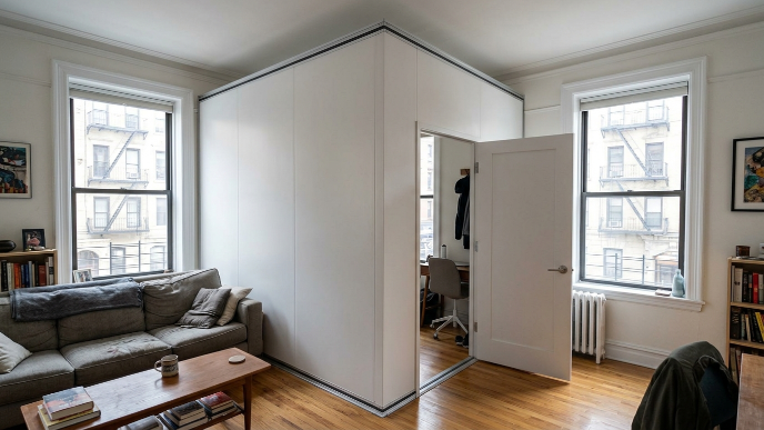 L-shaped pressurized wall NYC installed across a corner alcove in a Manhattan apartment