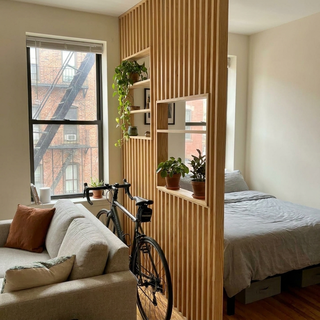NYC moving season temporary walls installed in Brooklyn one-bedroom apartment