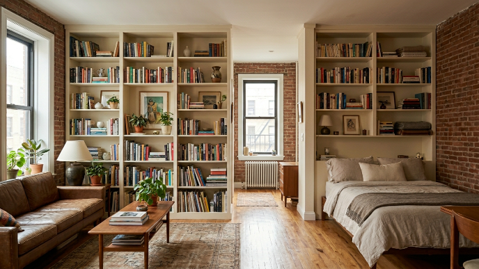 bookcase walls NYC apartment divider installed in Brooklyn studio
