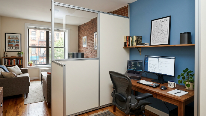 Pressurized wall home office NYC installed in a Harlem one-bedroom apartment