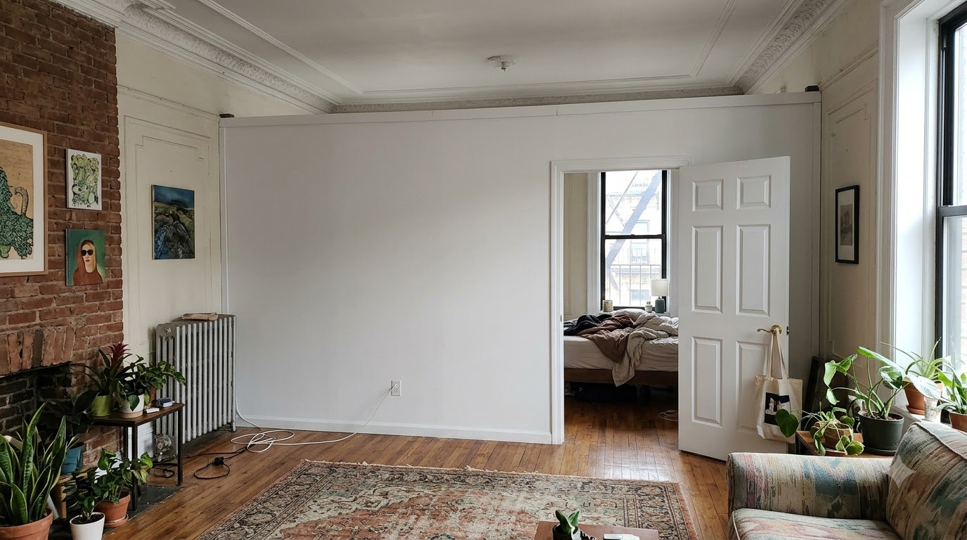 Pressurized walls for NYC renters: a white wall with a swing door splitting a Brooklyn one-bedroom
